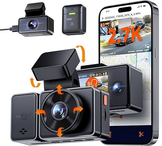 Vantrue E3 3 Channel 2.7K WiFi Dash Cam with GPS, Voice Control, Starvis IR Night Vision, 24 Hour Buffered Parking Mode, 3 Way 1944P+1080P+1080P Front and Rear Inside Dash Camera, Support 512GB Max