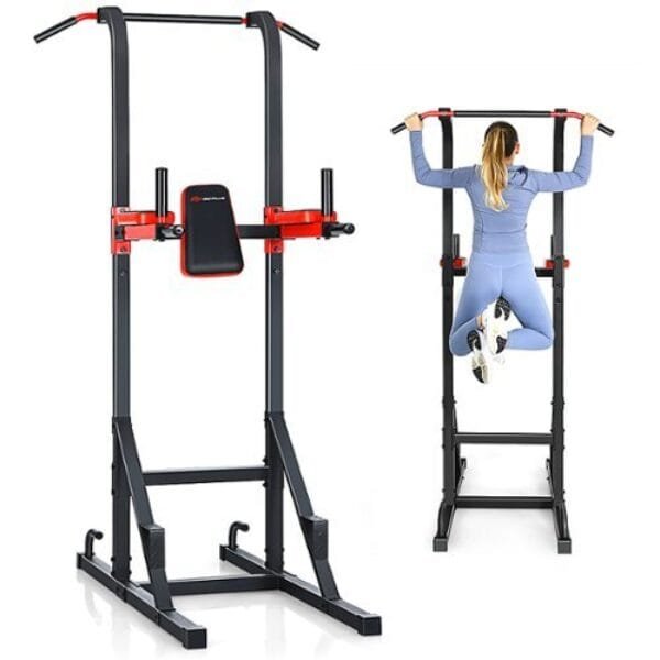 Costway - Multi-function Power Tower Pull Up Bar Dip Stand Home Gym Full-body Workout - Black/Red