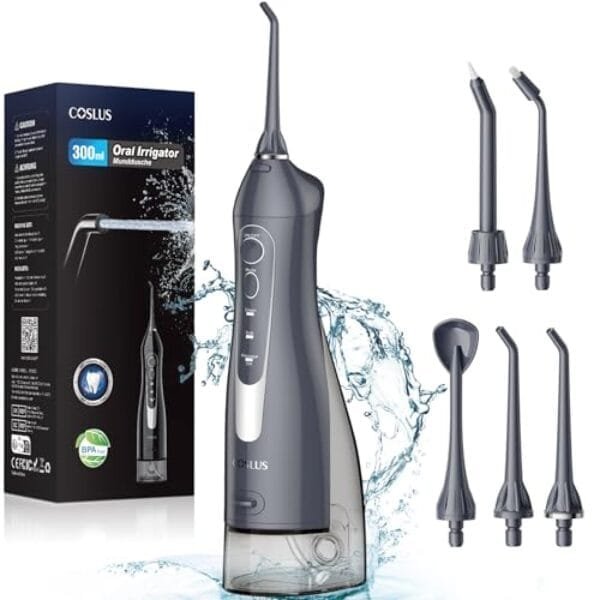 COSLUS Water Dental Flosser Teeth Pick: Portable Cordless Oral Irrigator 300ML Rechargeable Travel Irrigation Cleaner IPX7 Waterproof Electric Flossing Machine for Teeth Cleaning F5020E Grey