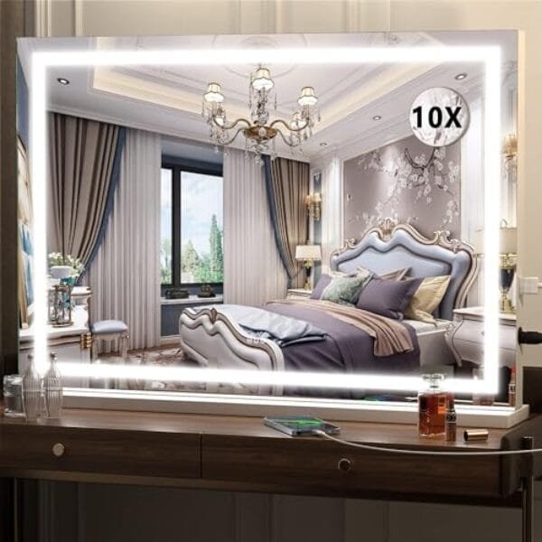 Hasipu Vanity Mirror with Lights, 32" x 22" LED Makeup Mirror, Lighted Makeup Mirror with Dimmable 3 Modes, Touch Screen Control Vanity Mirror Square White